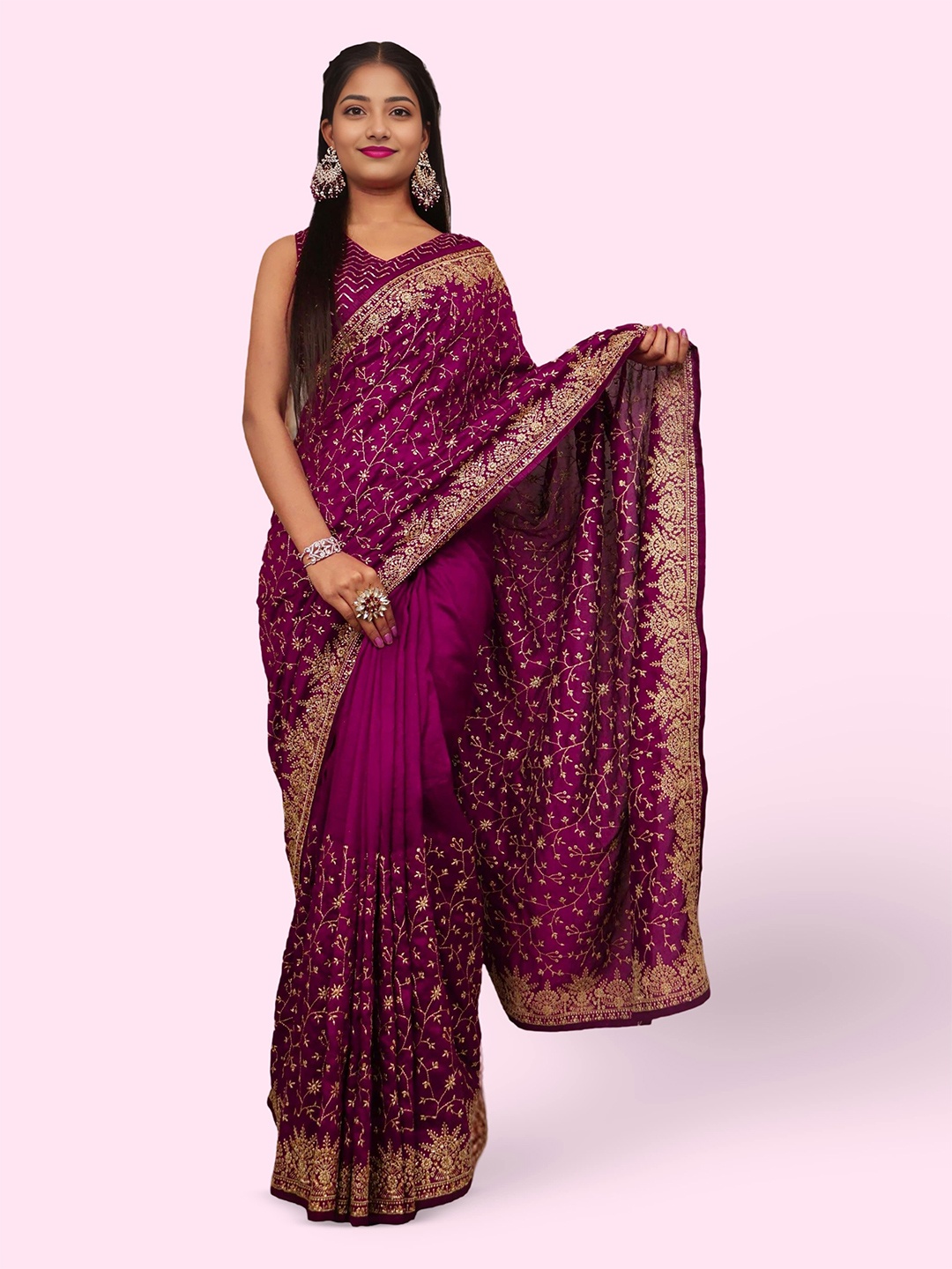 

Shreekama Floral Embroidered Silk Blend Saree, Purple
