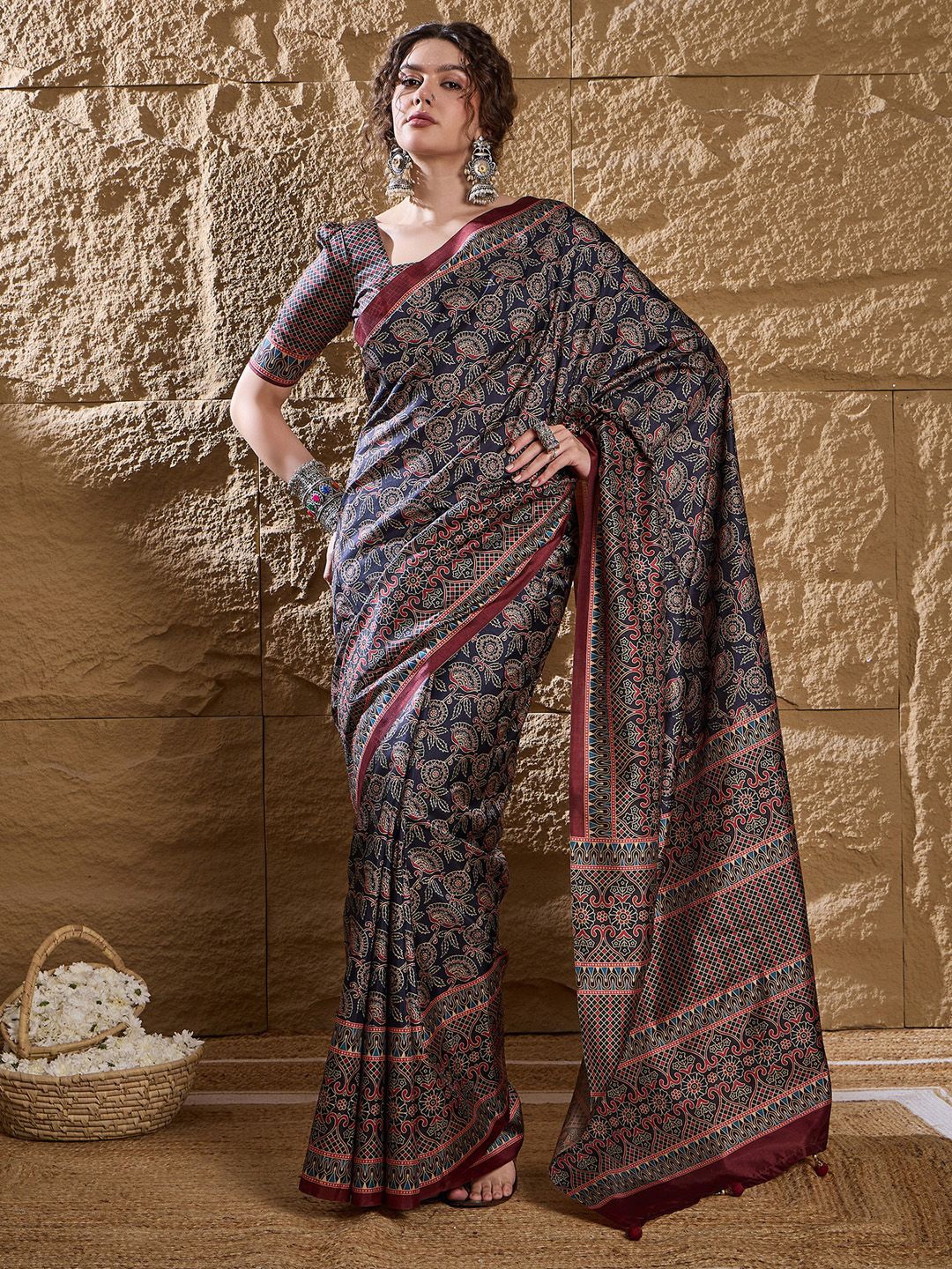 

Mitera Ajrak Block Silk Blend Designer Dabu Saree, Navy blue