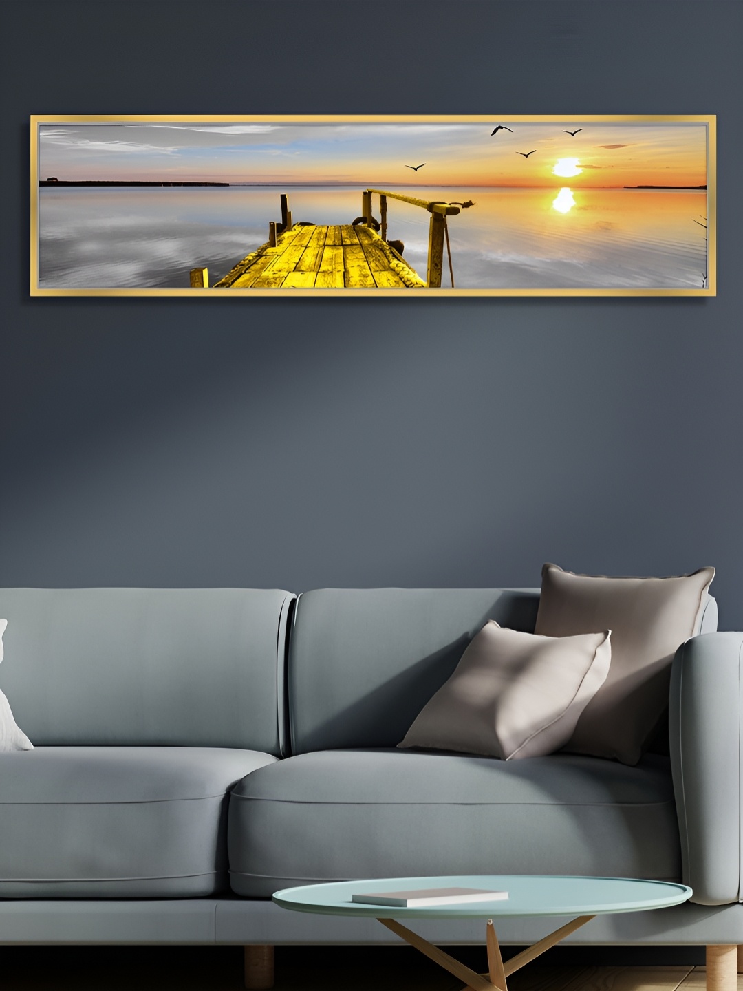 

Myntra Elegant Homes Yellow Landscape By The Peir Sun Rise on Water Canvas Wall Painting