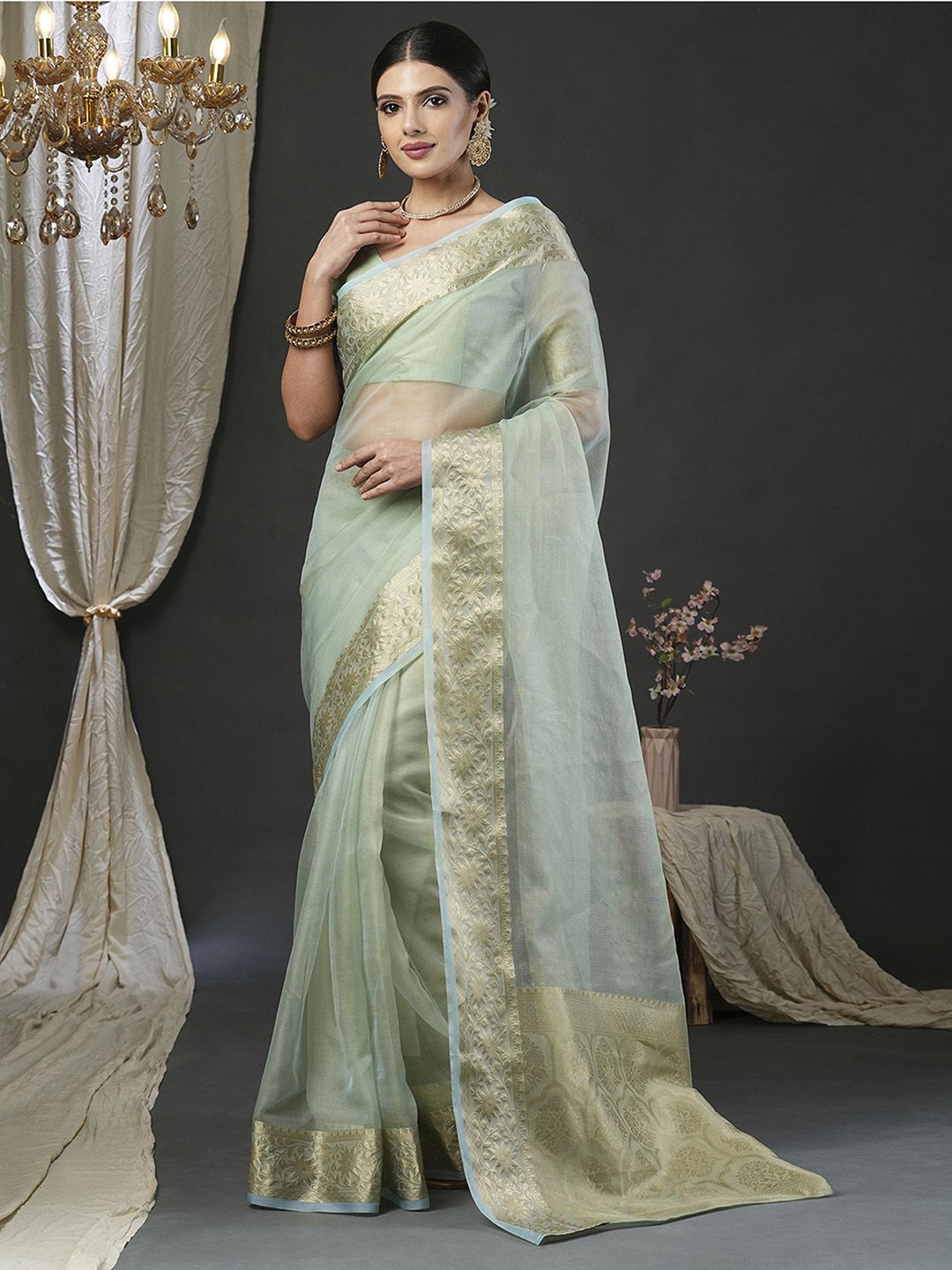 

Mitera Zari Organza Banarasi Saree, Sea green