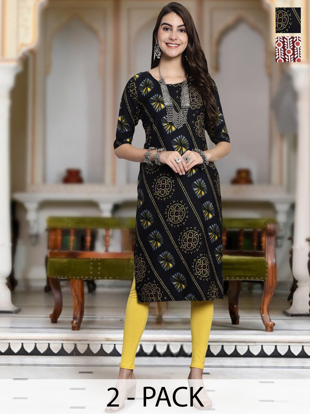 

Moda Rapido Selection Of 2 Bandhani Printed Round Neck Straight Kurtas, Black