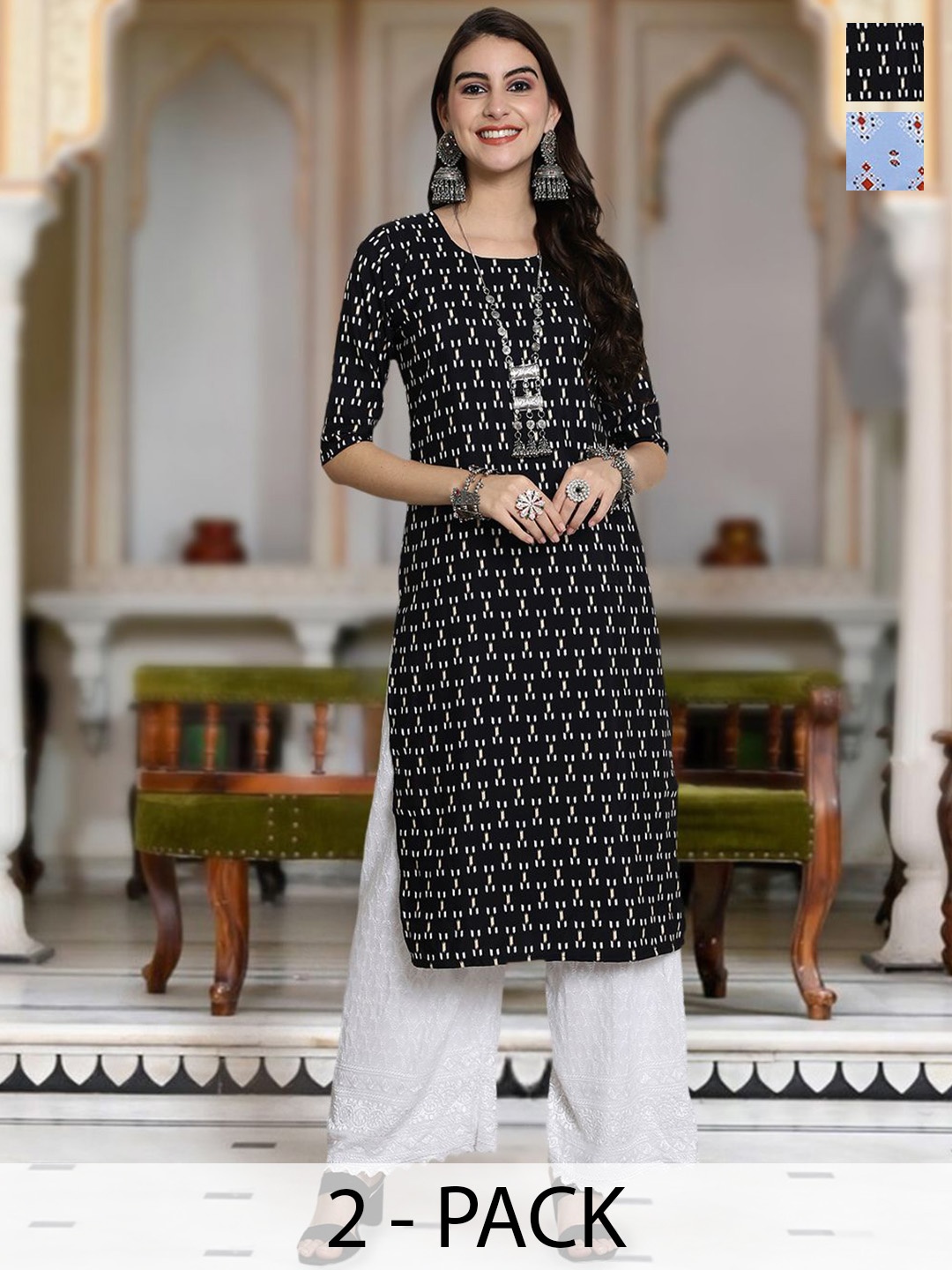 

Moda Rapido Selection Of 2 Geometric Printed Round Neck Straight Kurta, Blue