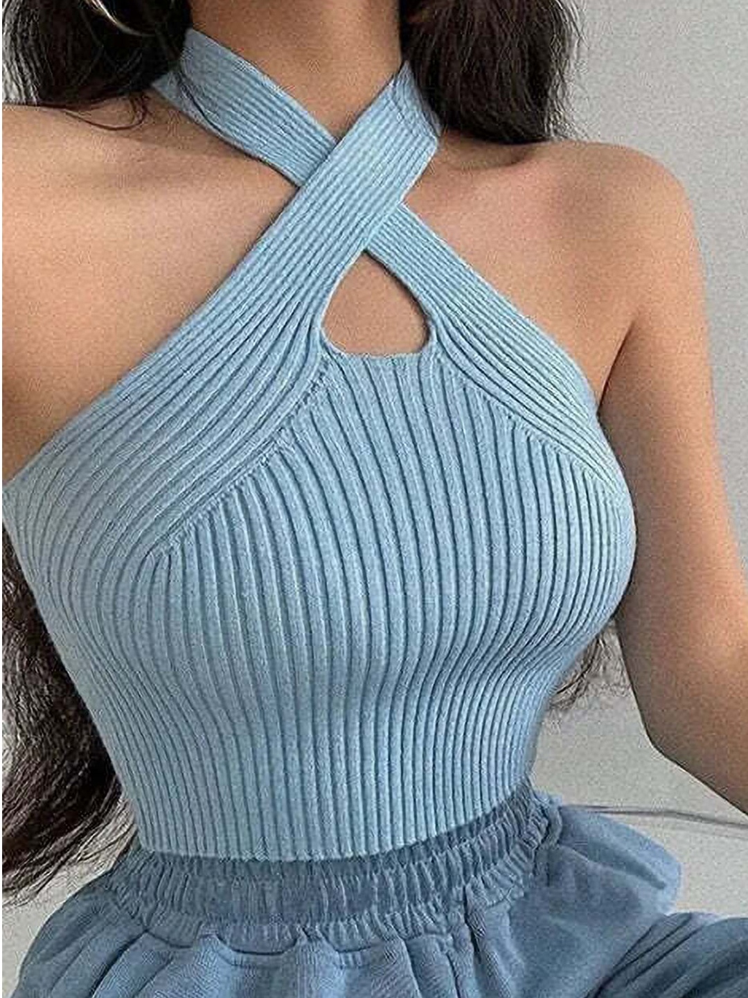 

YLCOMPANY Striped Halter Neck Top, Blue