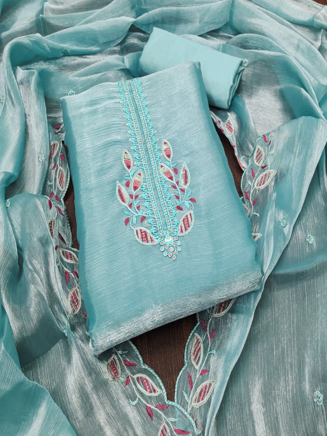 

Panzora Embroidered Thread Work Barbarik Silk Unstitched Dress Material, Blue