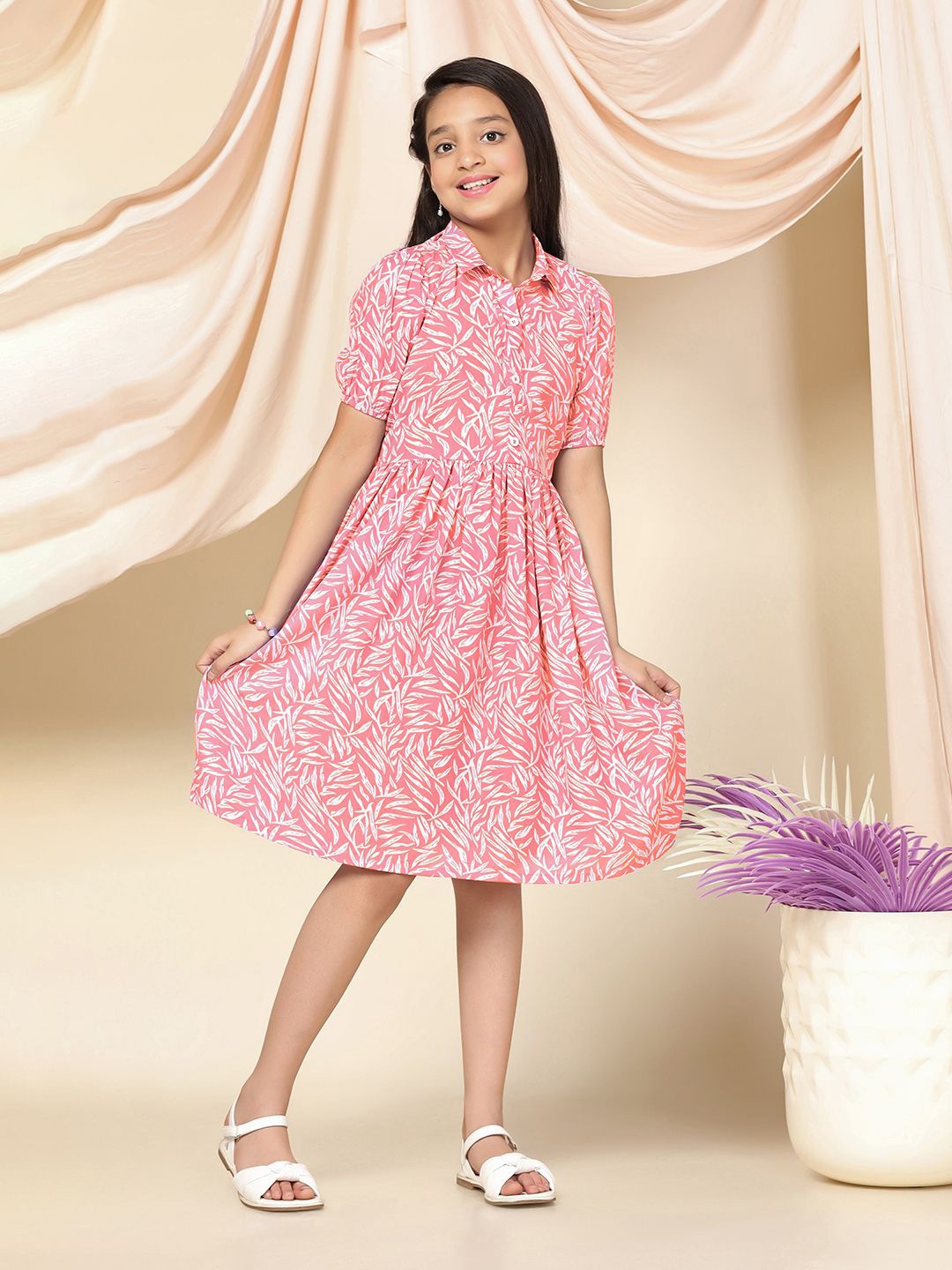 

BAESD Print Puff Sleeve Fit & Flare Dress, Peach