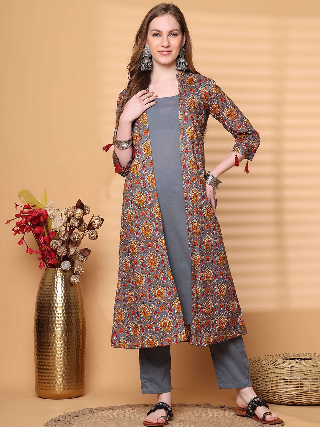 

KALINI Round Neck Pure Cotton Tunic With Trouser & Printed Shrug, Grey