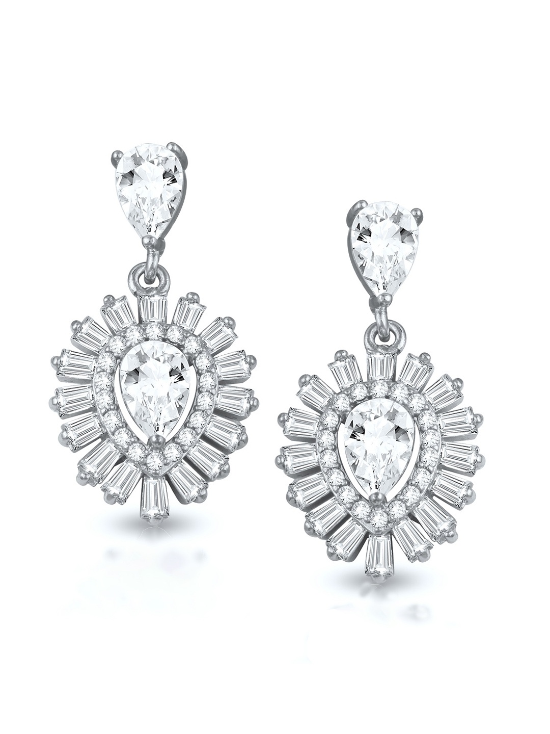 

DIVASTRI Rhodium-Plated Cubic Zirconia Studded Floral Shaped Drop Earrings, Silver