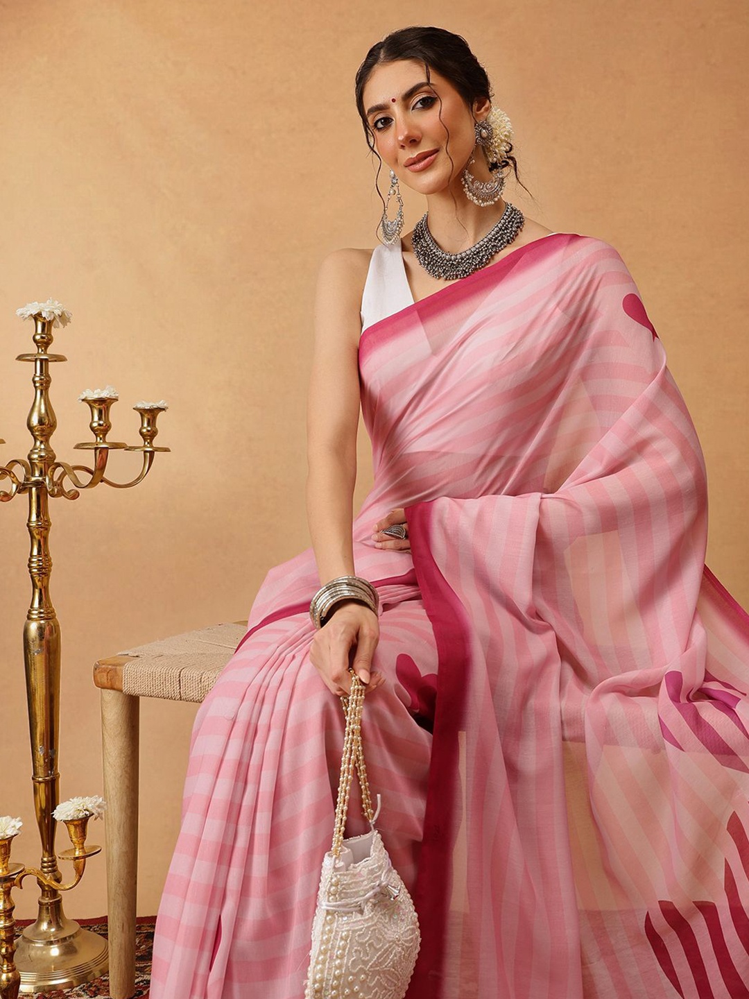 

Silk Land Striped Digital Print Saree, Pink