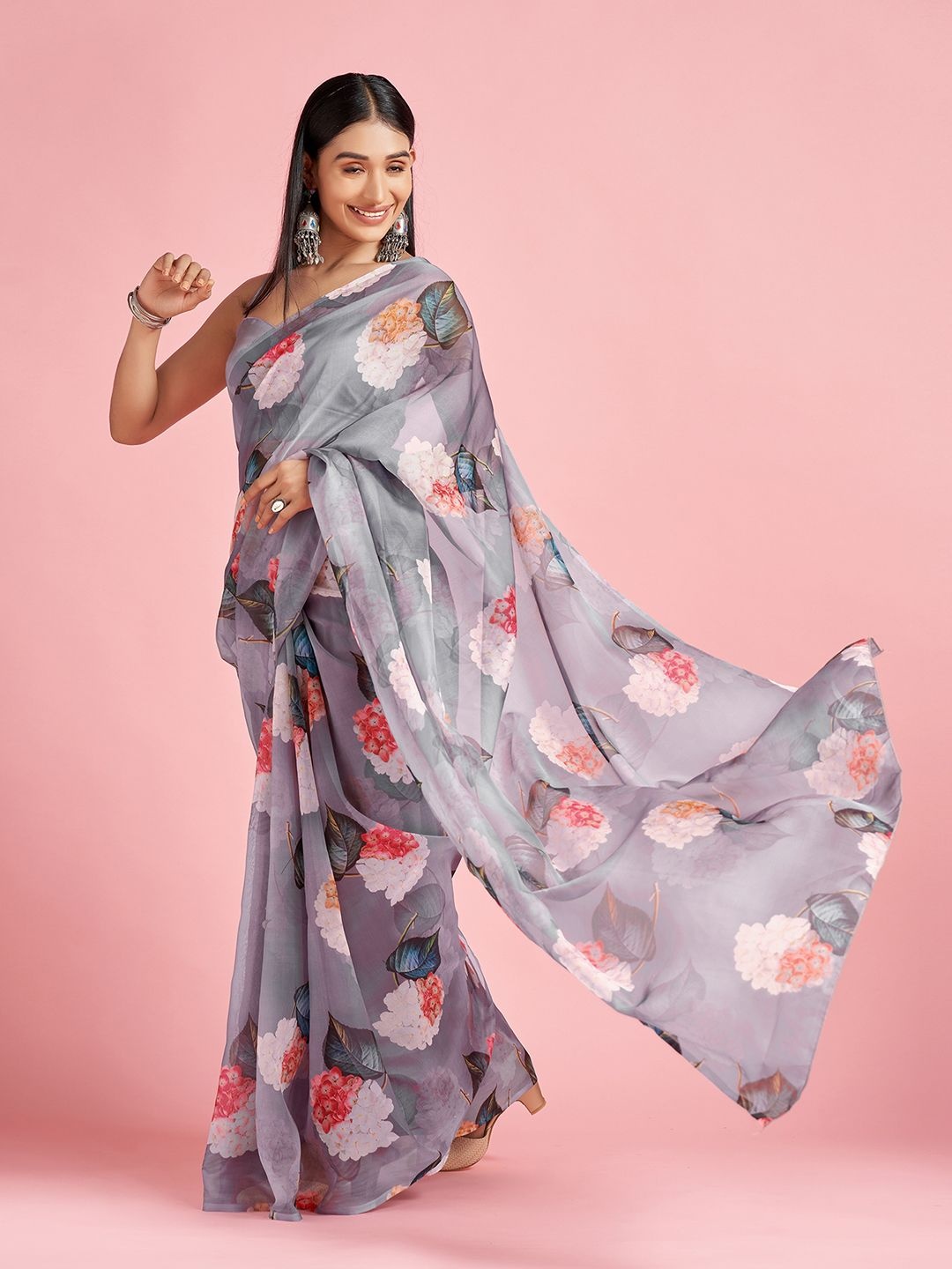 

Mitera Floral Organza Saree, Grey