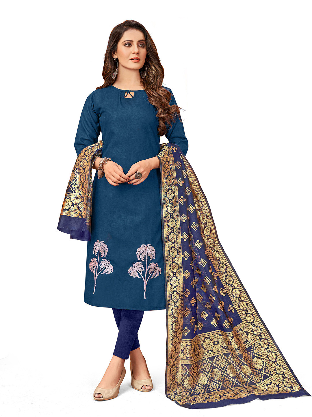 

HERE&NOW Floral Embroidered Thread Work Unstitched Dress Material, Blue