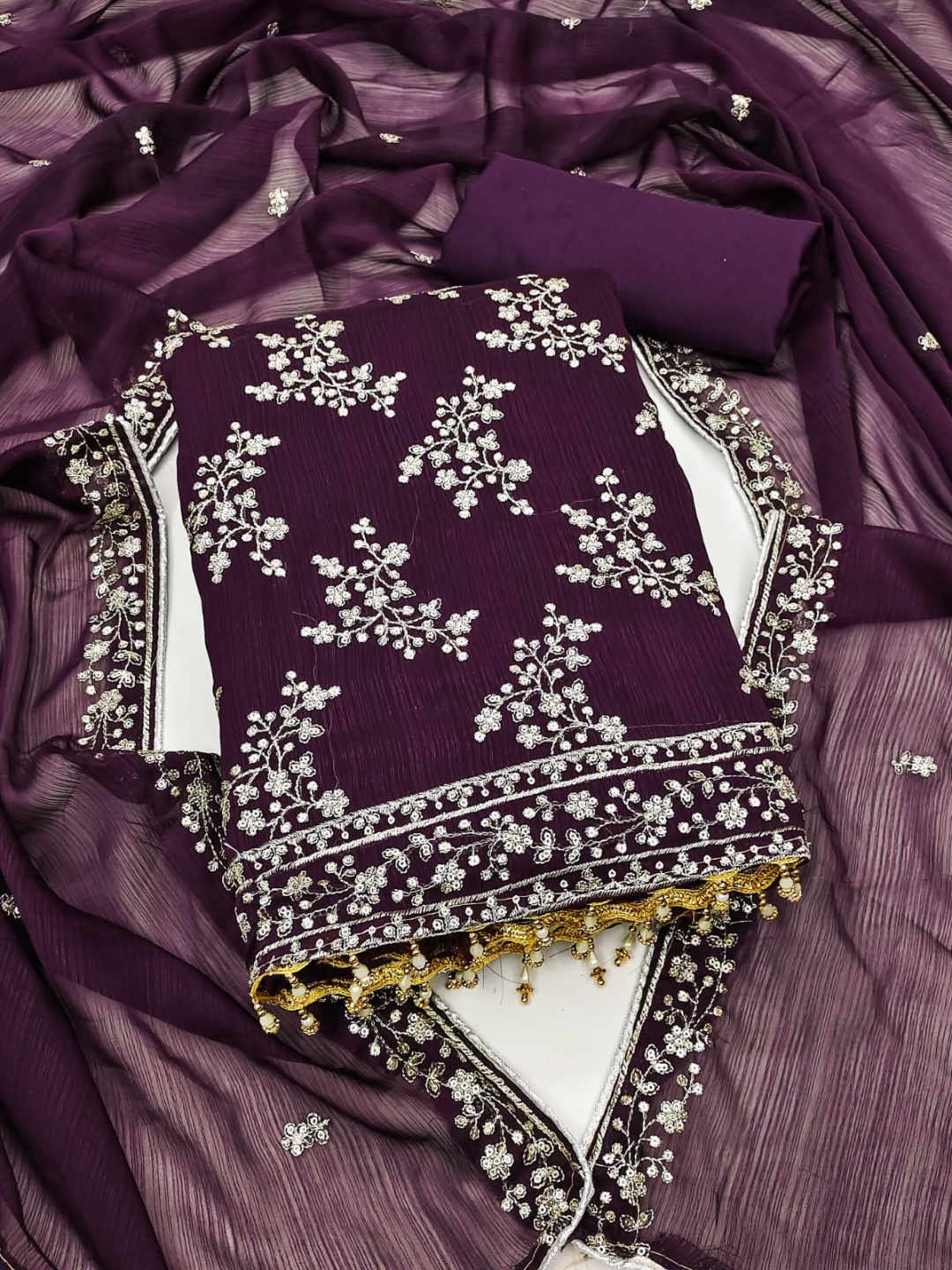 

SWARNGANGA TEX Floral Embroidered Georgette Unstitched Dress Material, Purple