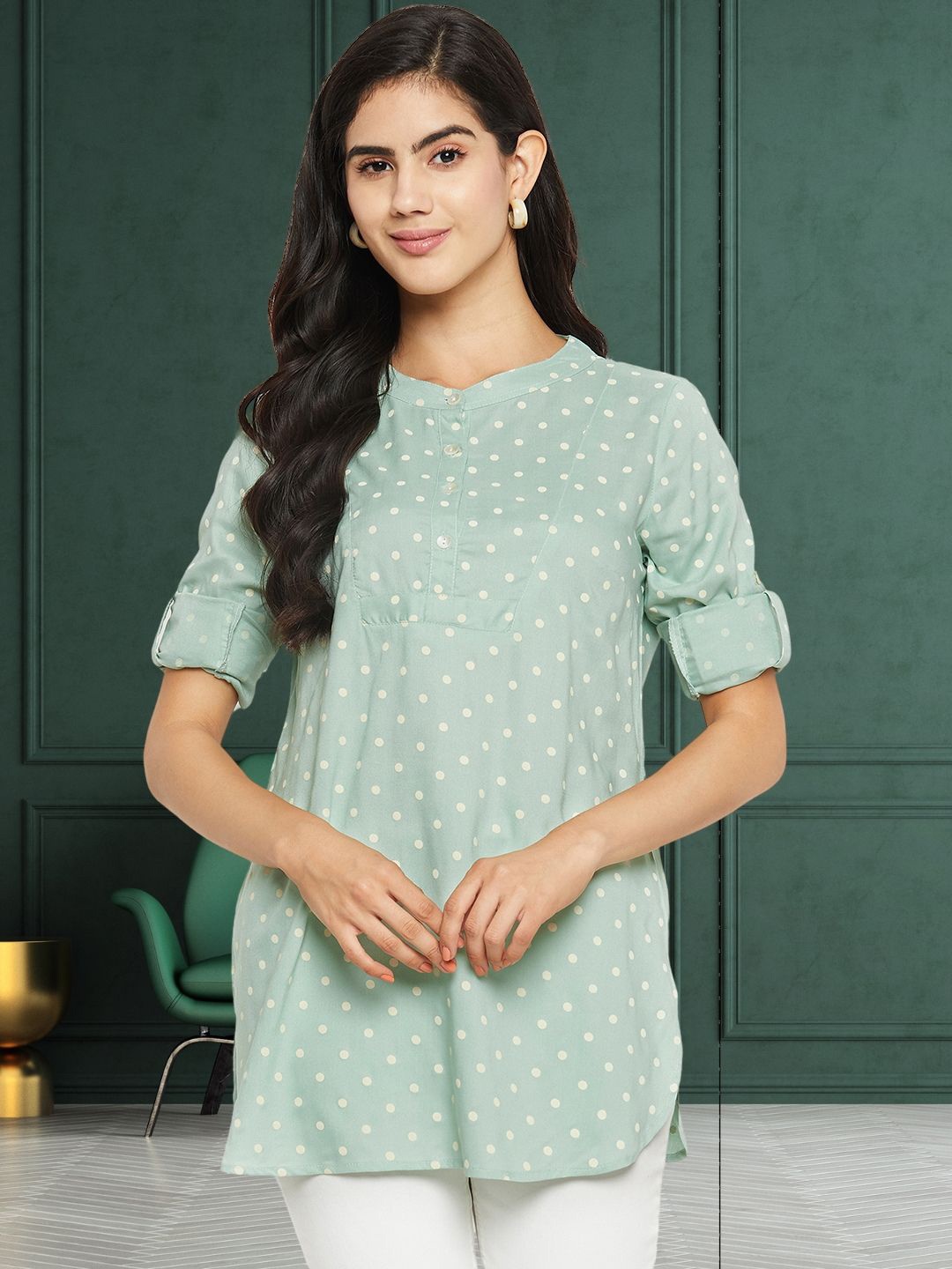 

DressBerry Polka Dot Print Mandarin Collar Top, Green