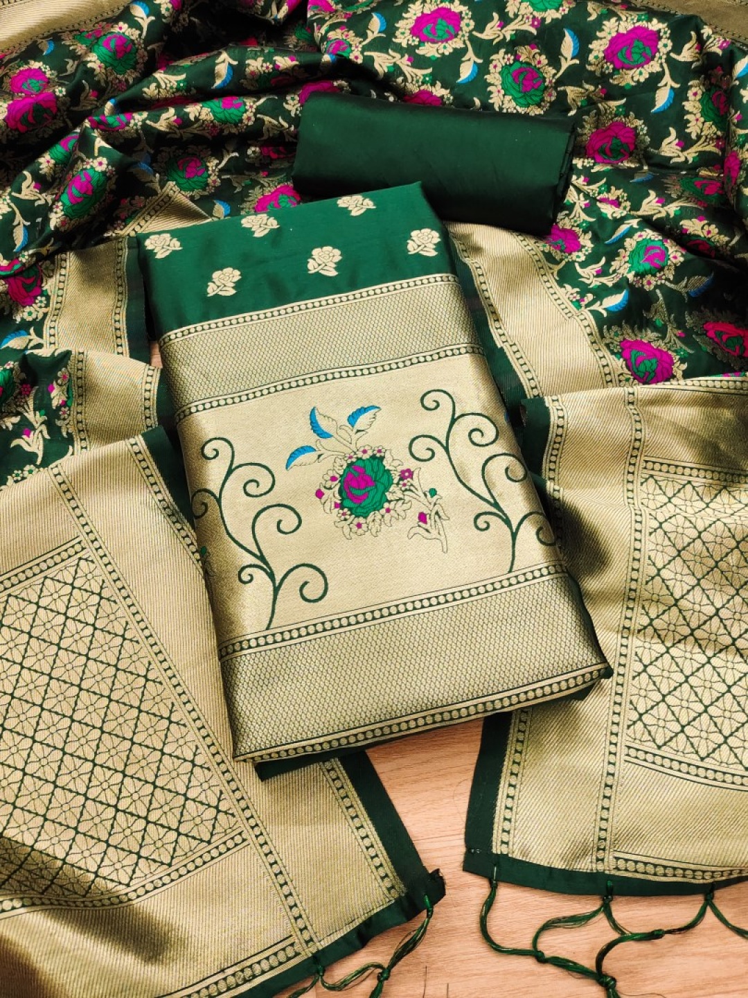 

Rangtulika Floral Woven Design Unstitched Dress Material, Green