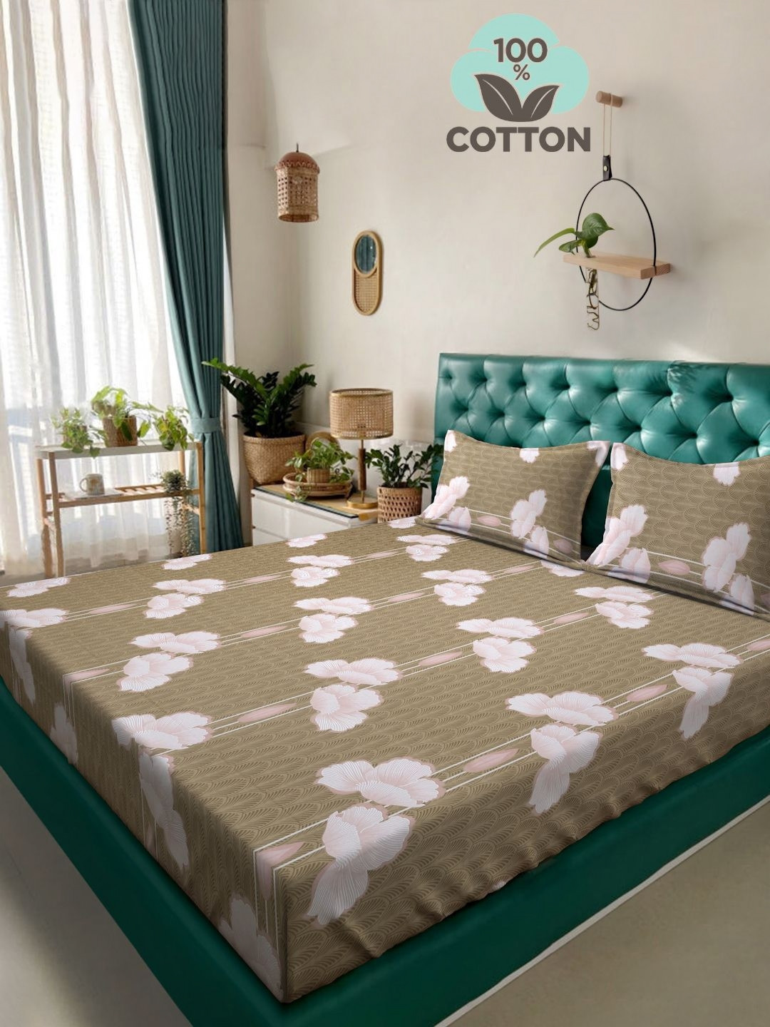 

Myntra Elegant Olive Printed 400 TC Pure Cotton King Bedsheet Set 2.25 m x 2.50 m