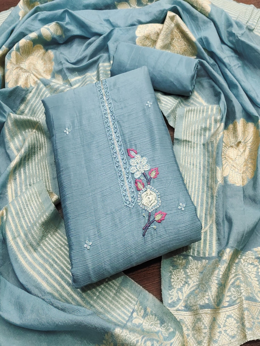 

Panzora Embroidered Thread Work Unstitched Dress Material, Blue
