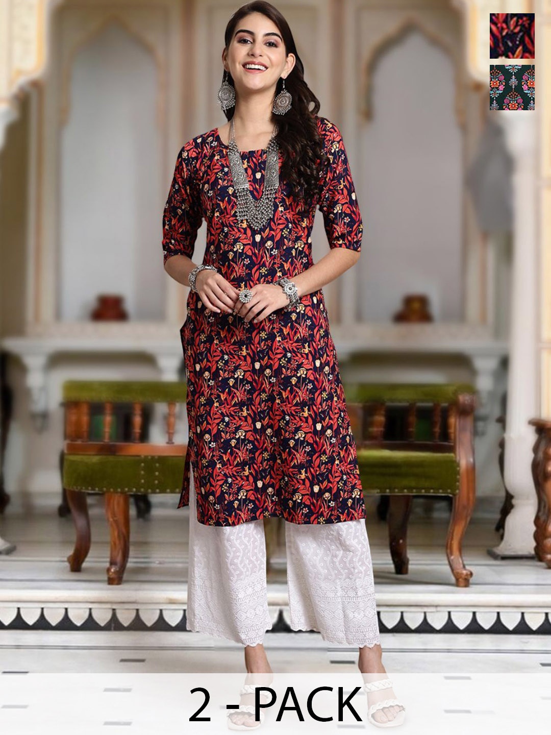 

Moda Rapido Selection Of 2 Floral Printed Round Neck Straight Kurta, Red