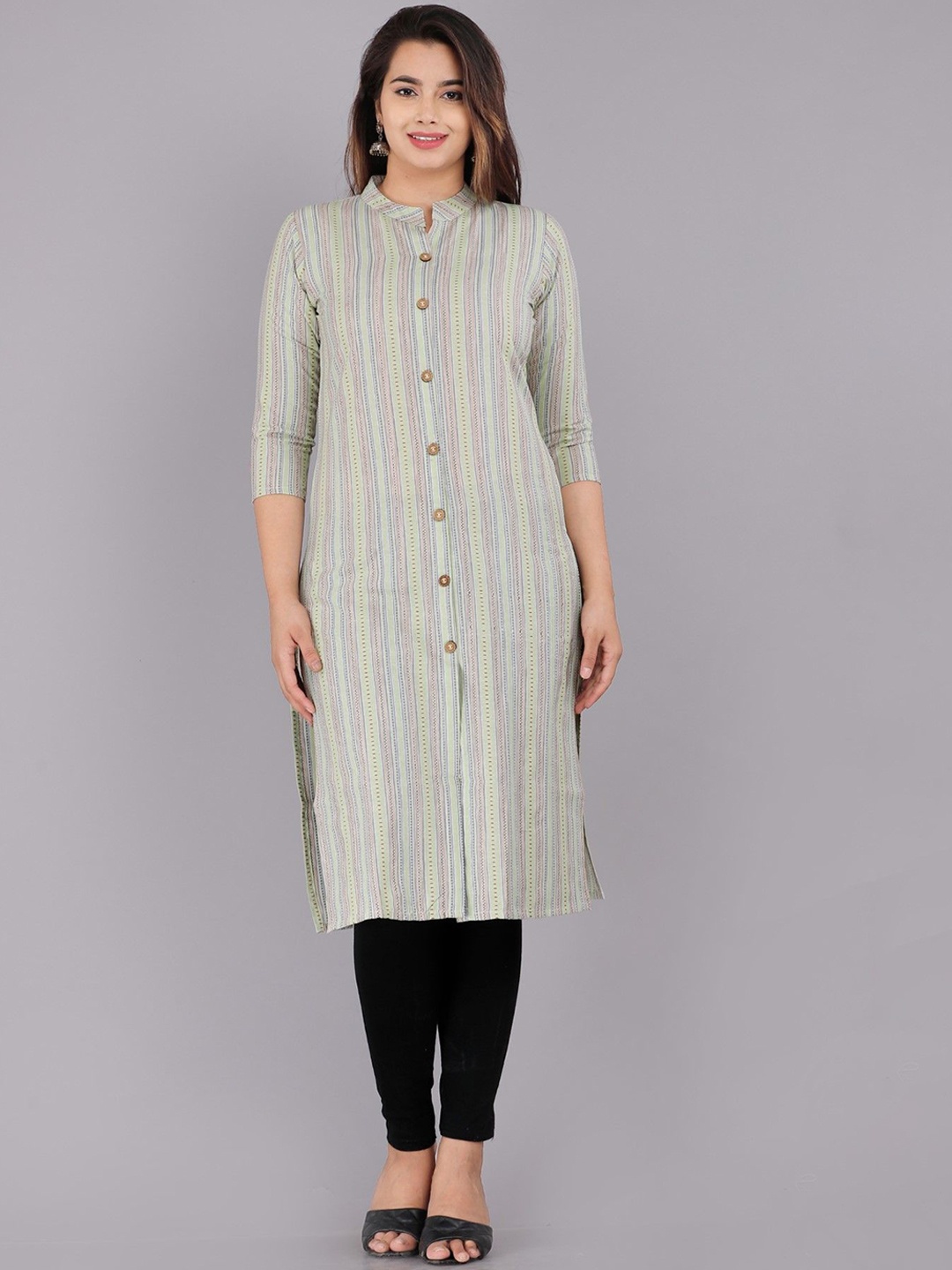 

ASANSHI Striped Mandarin Collar Cotton Straight Kurta, Green