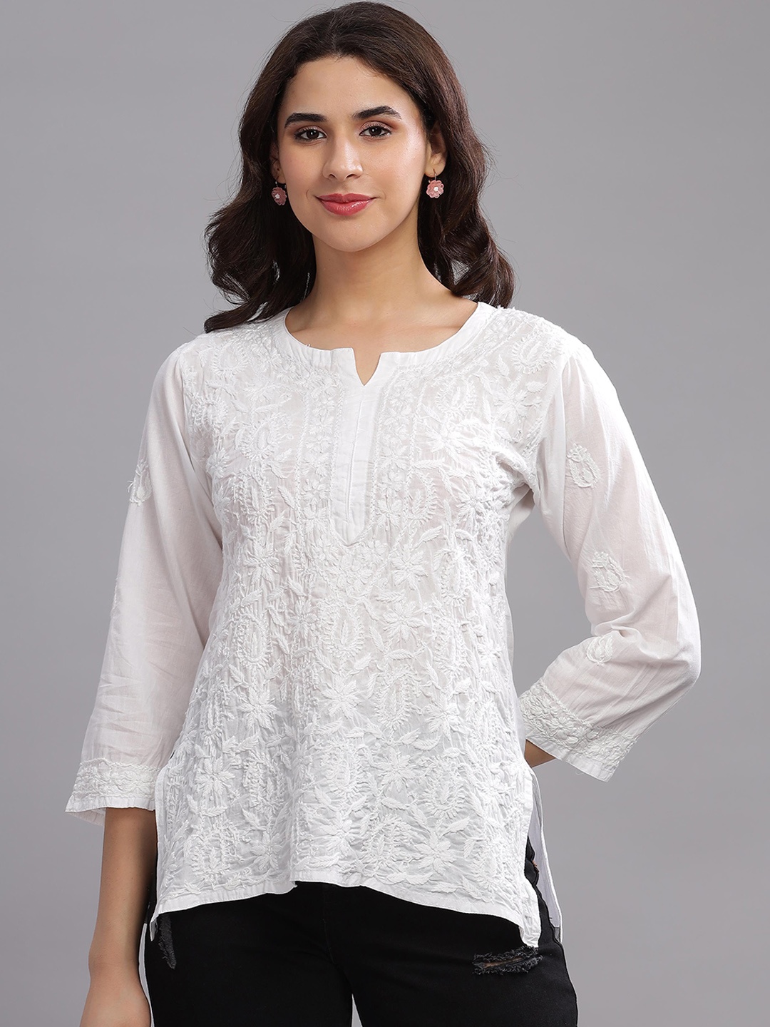 

Club Loom Floral Embroidered Notch Neck Chikankari Pure Cotton Straight Kurti, White