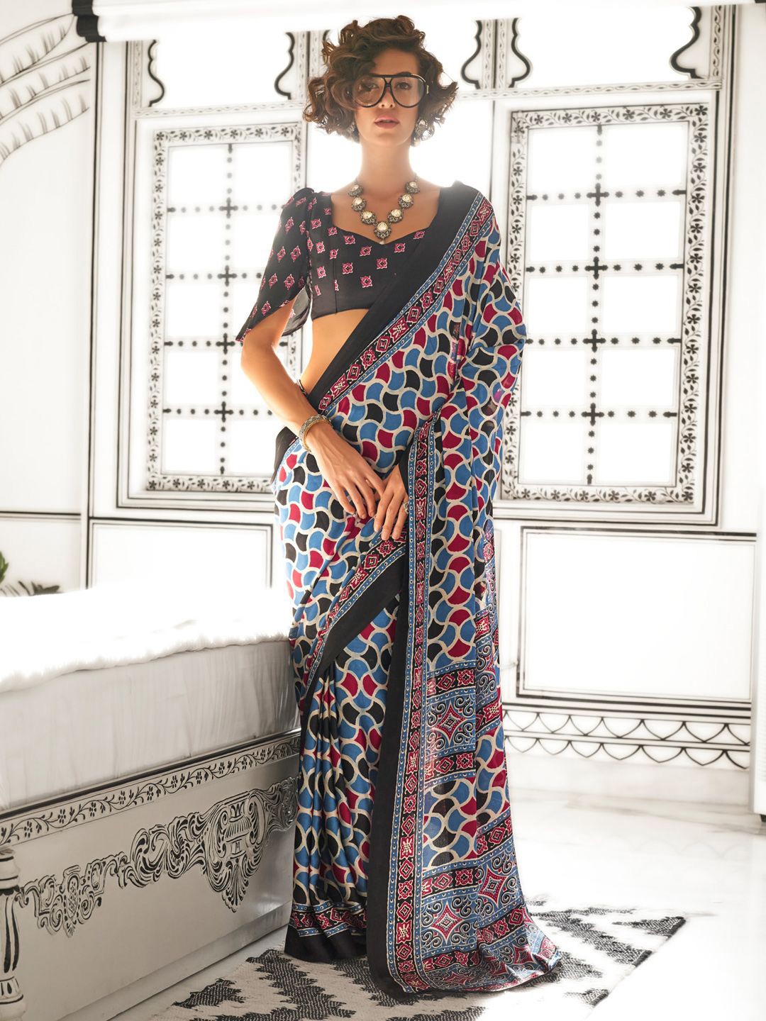 

Mitera Ajrak Block Poly Crepe Block Print Saree, Blue