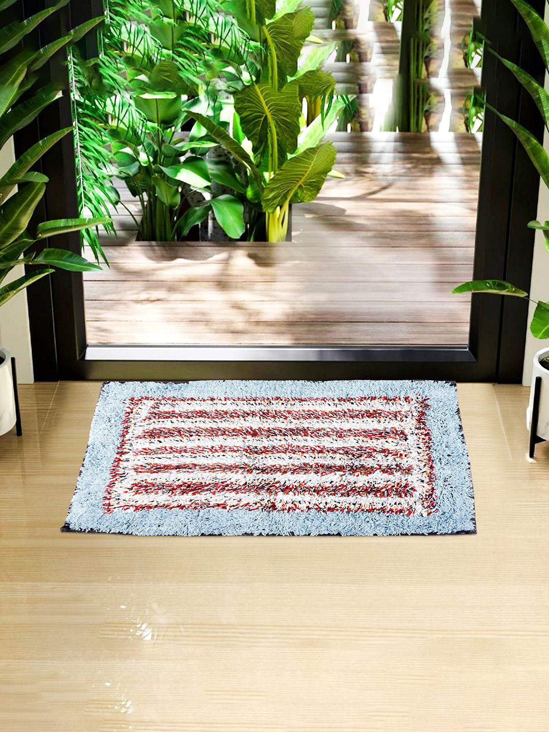 

Kuber Industries Blue & White Striped Rectangular Stain Resistant Dust Trapper Doormat