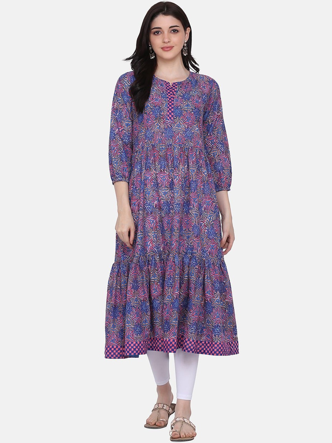 

KALINI Ethnic Motifs Printed Notch Neck Tiered Pure Cotton Anarkali Kurta, Blue