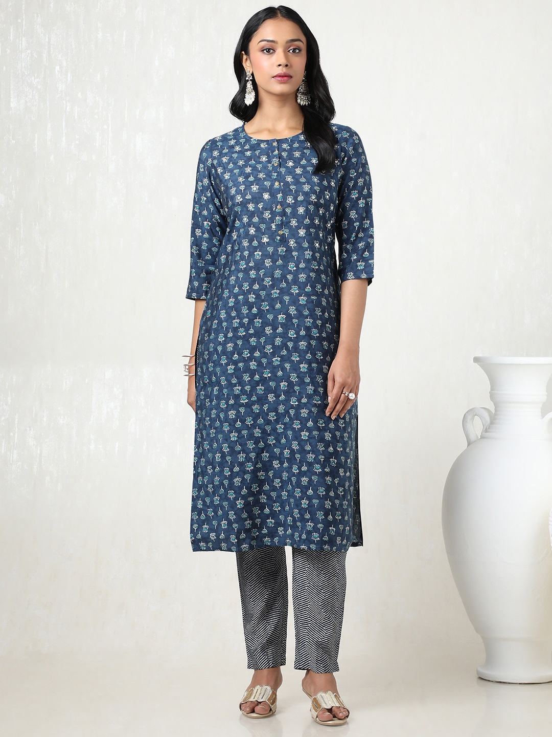 

Soch Women Printed Regular Mirror Work Kurta with Trousers, Blue