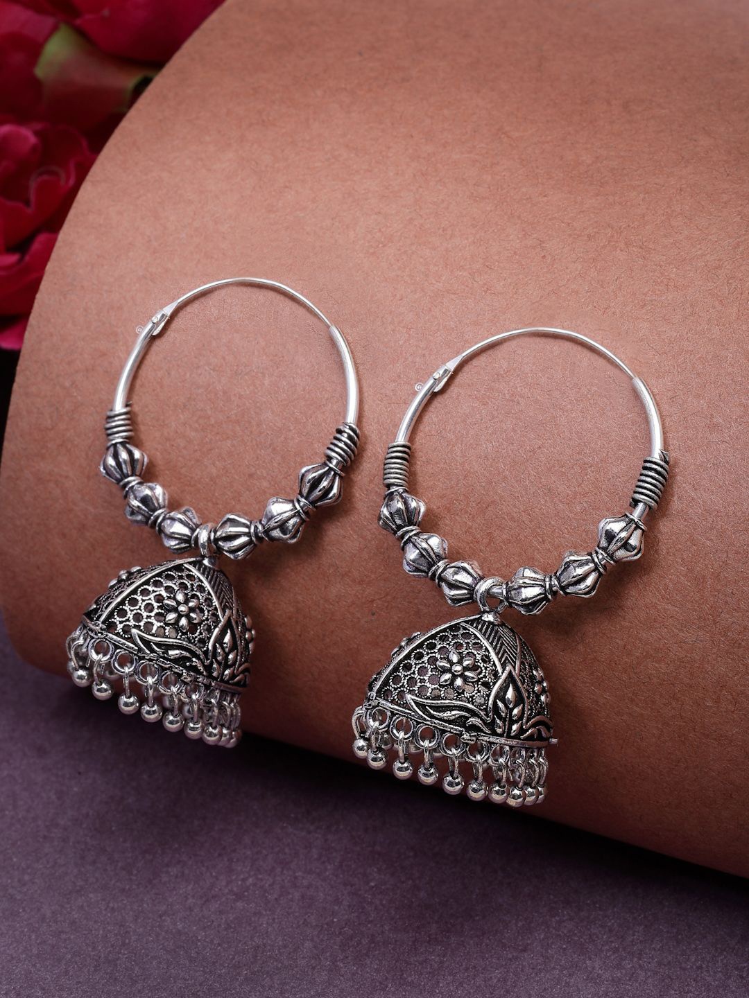 

NVR Women German Silver Oxidised Silver Plated Oxidised Dome Shaped Jhumka Earrings