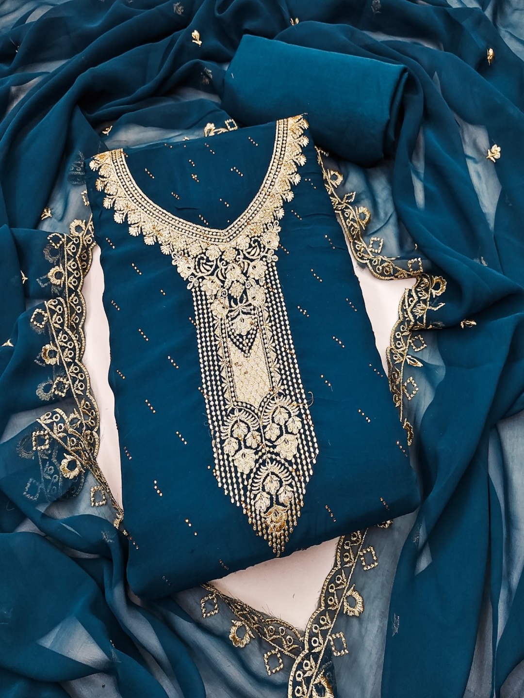 

Panzora Floral Embroidered Thread Work Unstitched Dress Material, Blue