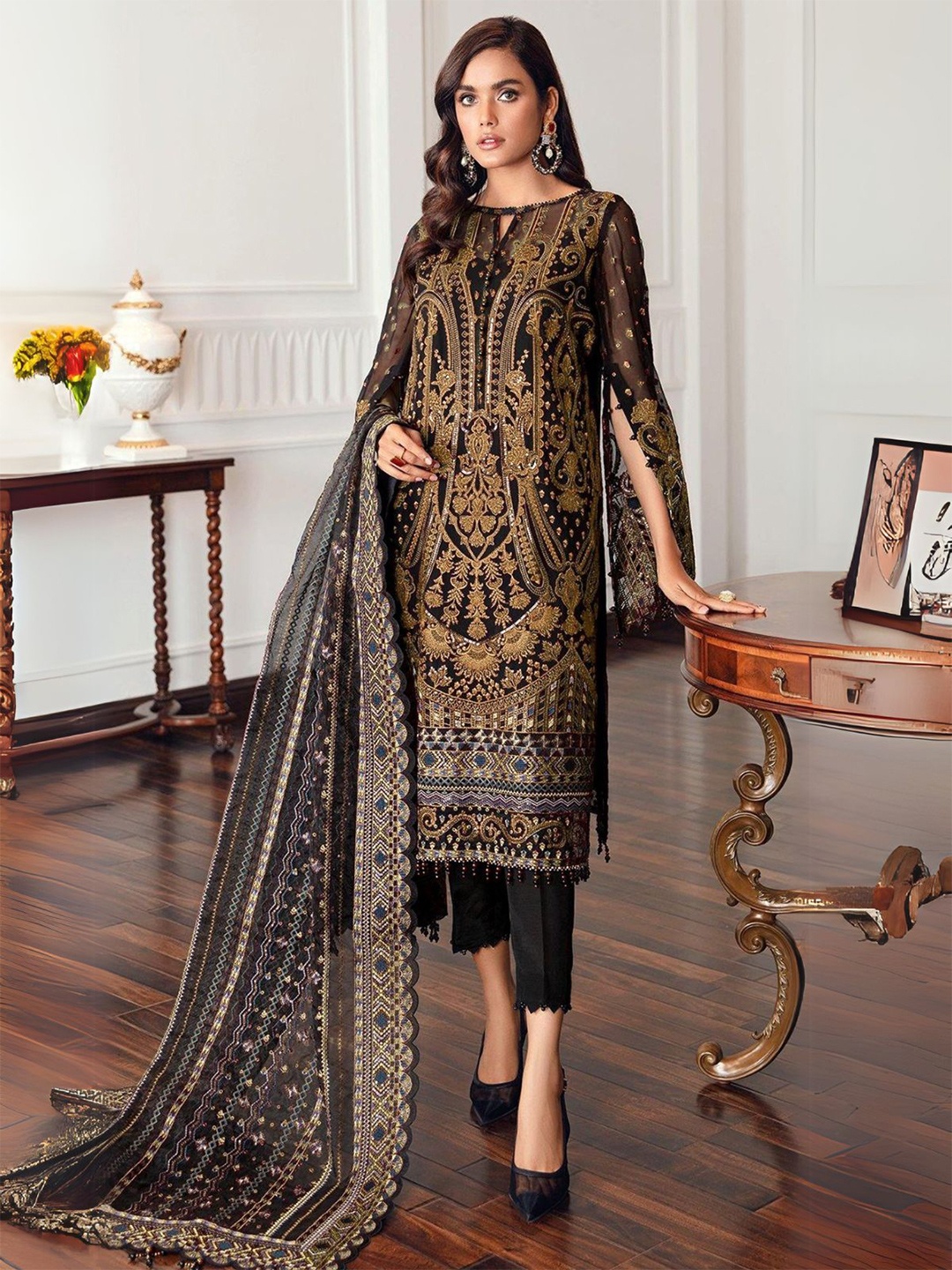 

ODETTE Women Black Georgette Golden Embroidered Semi-Stitched Dress Material