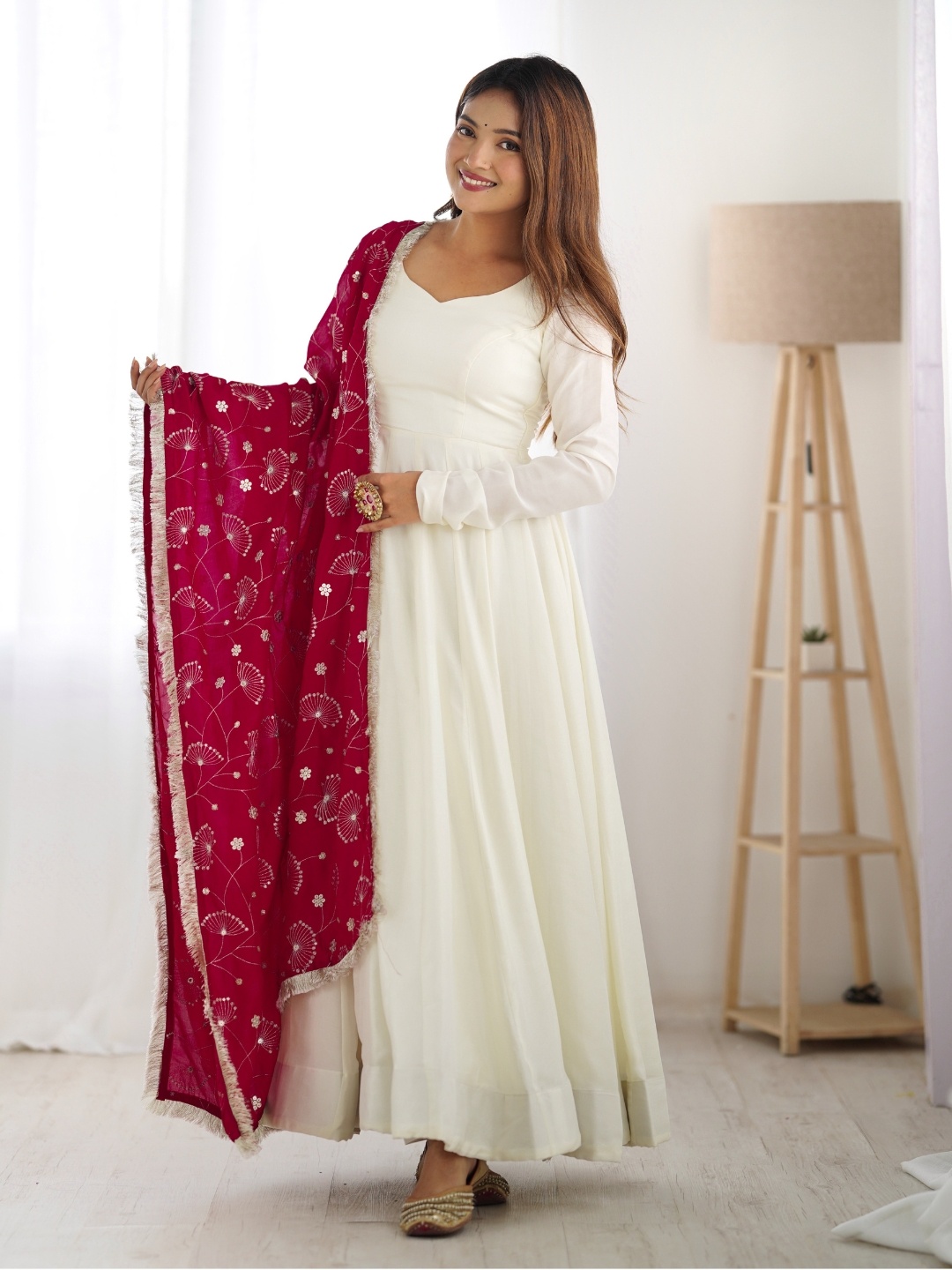 

Fusionic Pure Silk Anarkali Ethnic Dress With Embroidered Dupatta, White