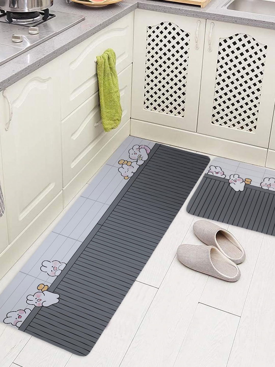 

FAVRIA Grey & Black 2 Pieces Striped Waterproof Kitchen Mats