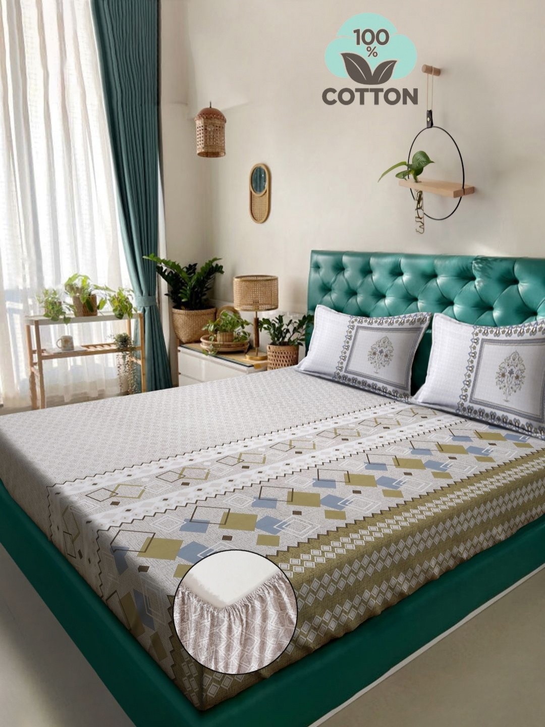 

Myntra Elegant Homes Grey Geometric Printed 400 TC Cotton King Bedsheet Set 2.70m x 2.70m