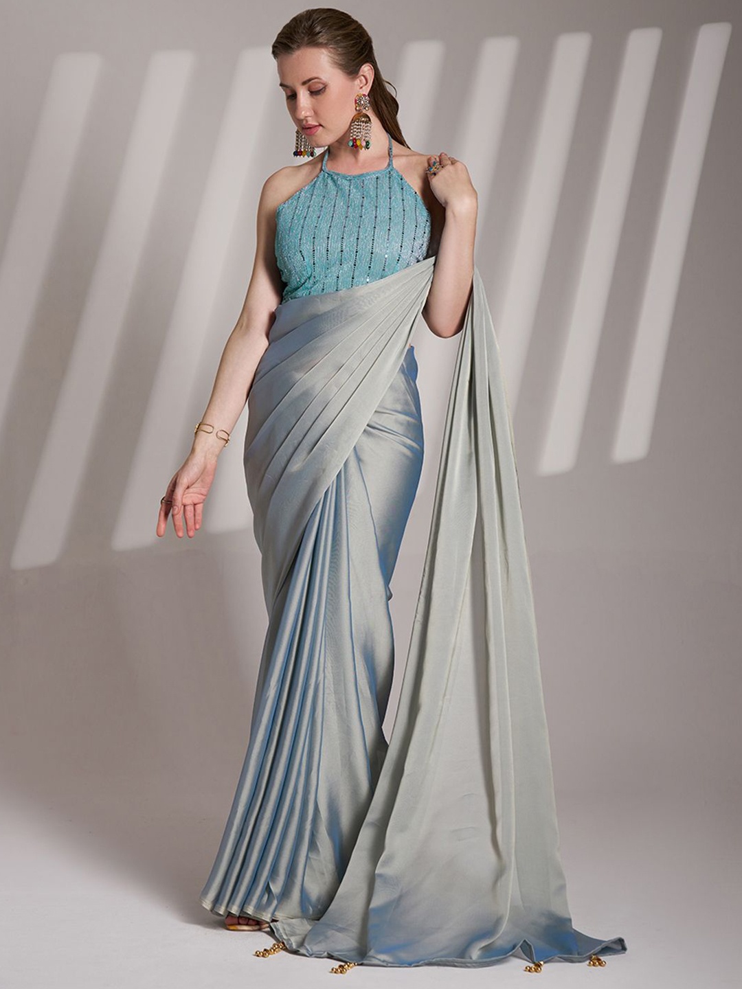 

Kalista Pure Chiffon Ready to Wear Saree, Turquoise blue