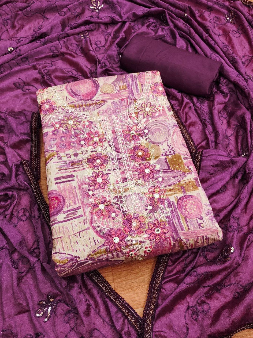 

KALINI Floral Embroidered Sequinned Unstitched Dress Material, Purple