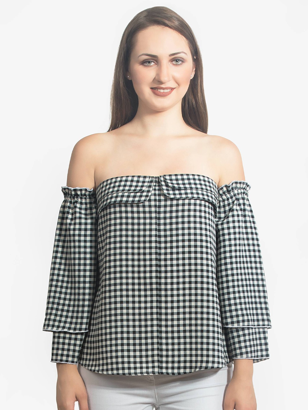 

DELIS Checked Off-Shoulder Georgette Top, Black