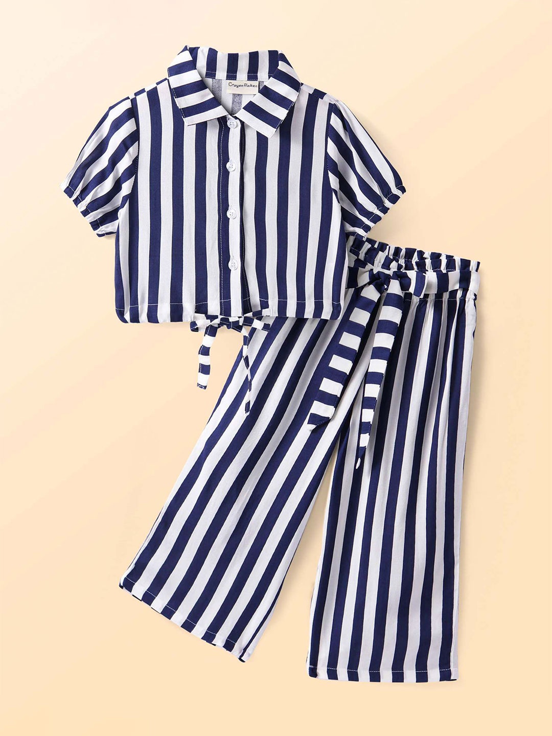 

CrayonFlakes Girls Striped Shirt Collar Shirt & Palazzos, Blue