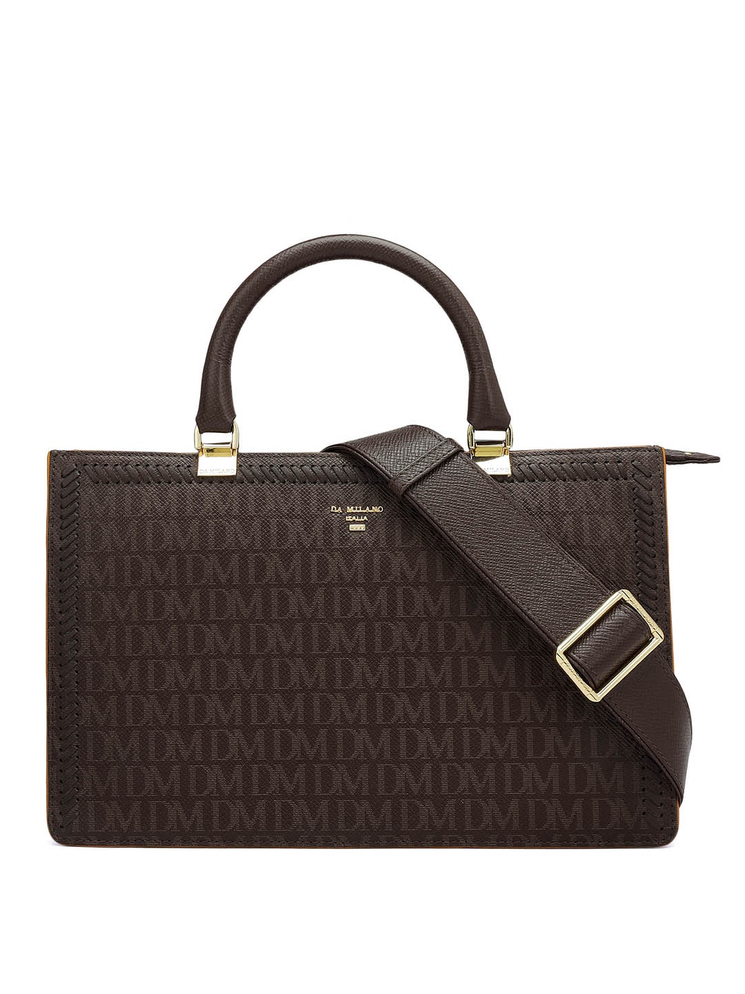 

Da Milano Leather Structured Satchel with Cut Work, Brown