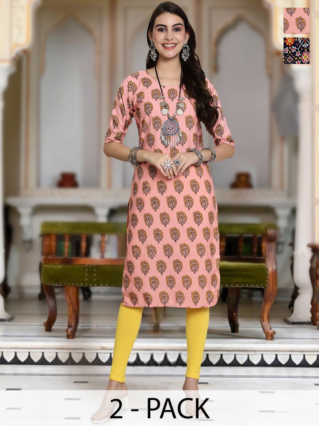 

Moda Rapido Selection Of 2 Floral Printed Round Neck Straight Kurta, Peach