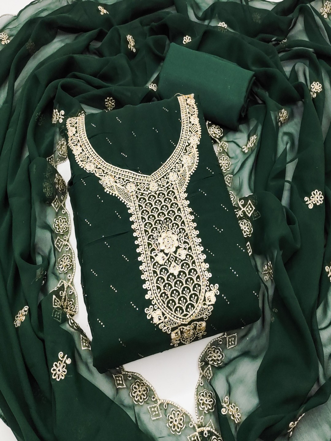 

KALINI Floral Embroidered Thread Work Unstitched Dress Material, Green
