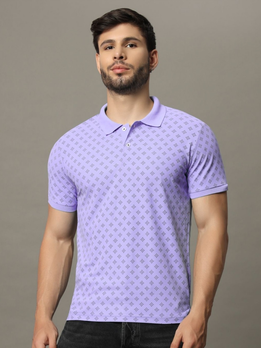 

XYRIS Men Polka Dot Printed Polo Collar T-shirt, Lavender