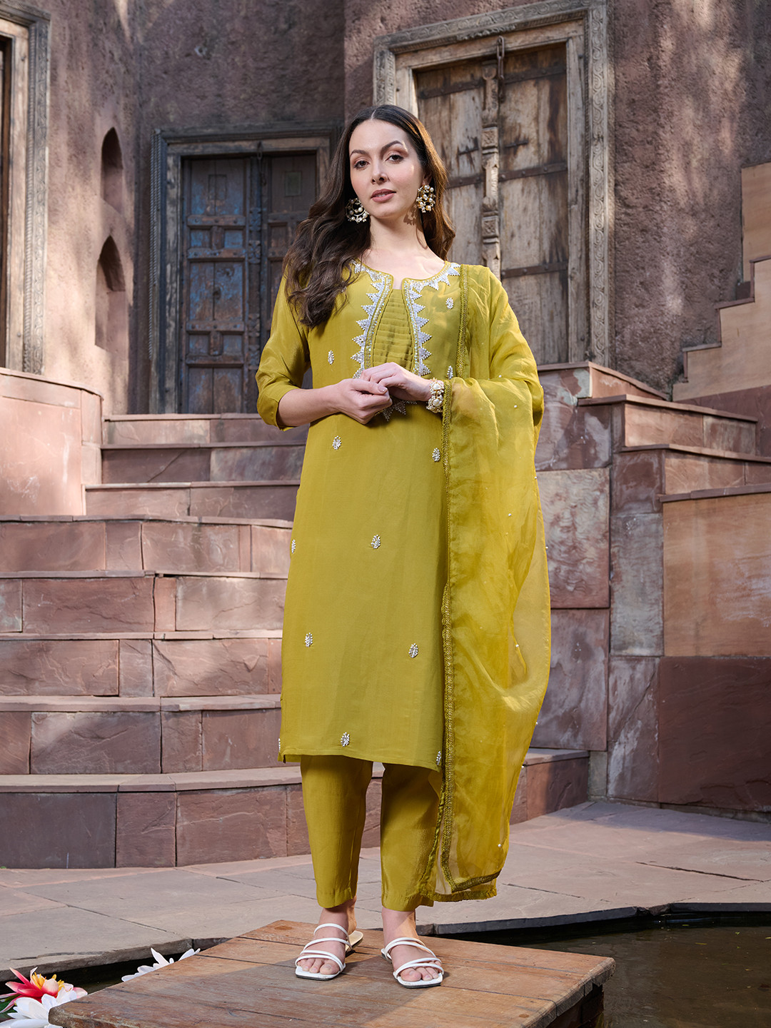 

Stylum Women Embroidered Regular Beads and Stones Pure Silk Kurta with Trousers & With Dupatta, Mustard