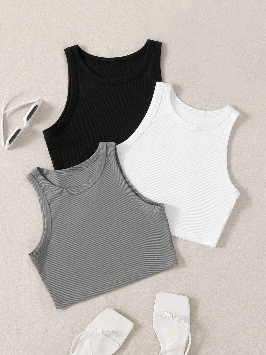 

KERI PERRY Women Pack Of 3 Soft Lycra Tank Crop Top, Black