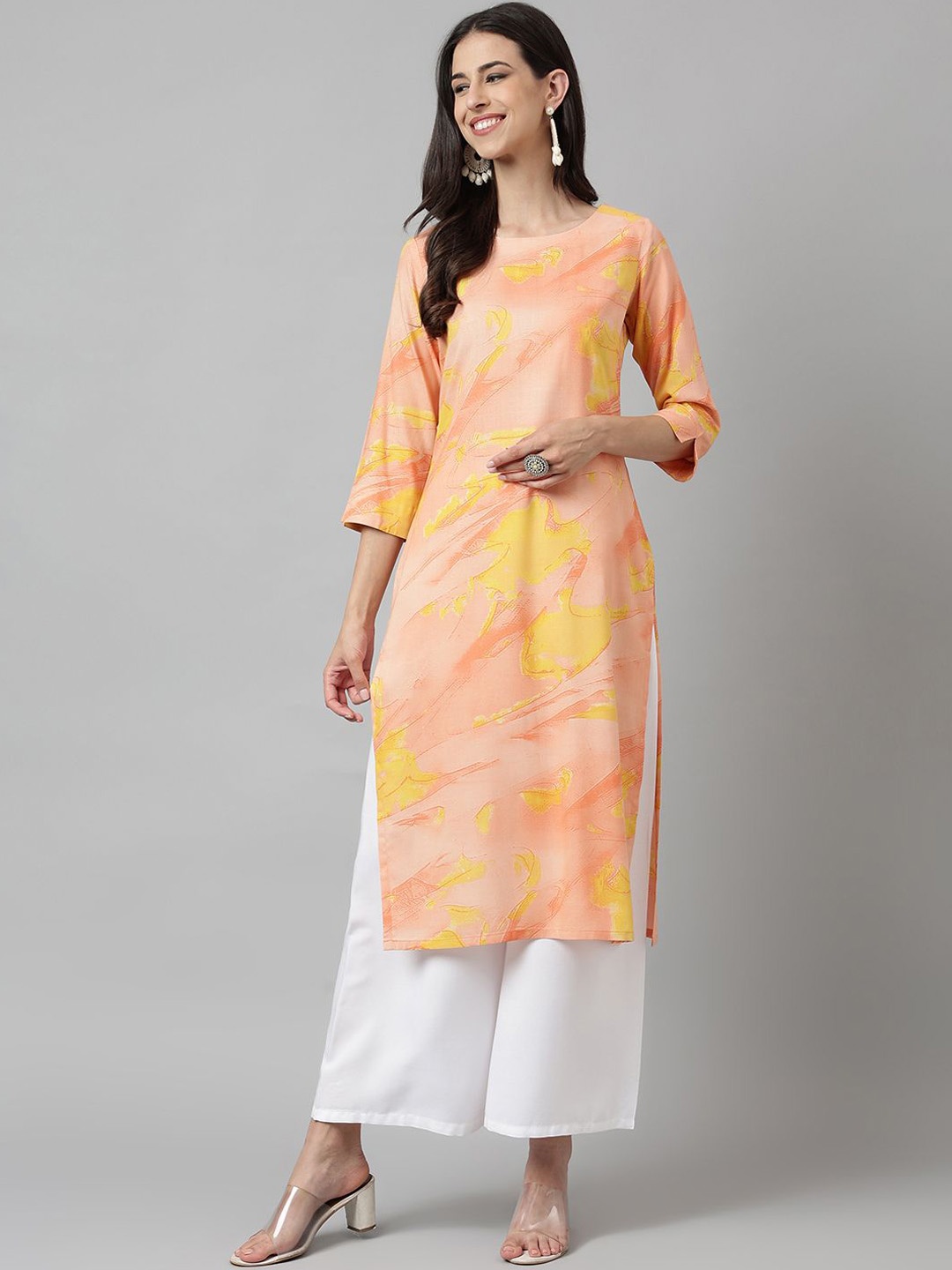 

KALINI Abstract Printed Round Neck Straight Kurta, Orange