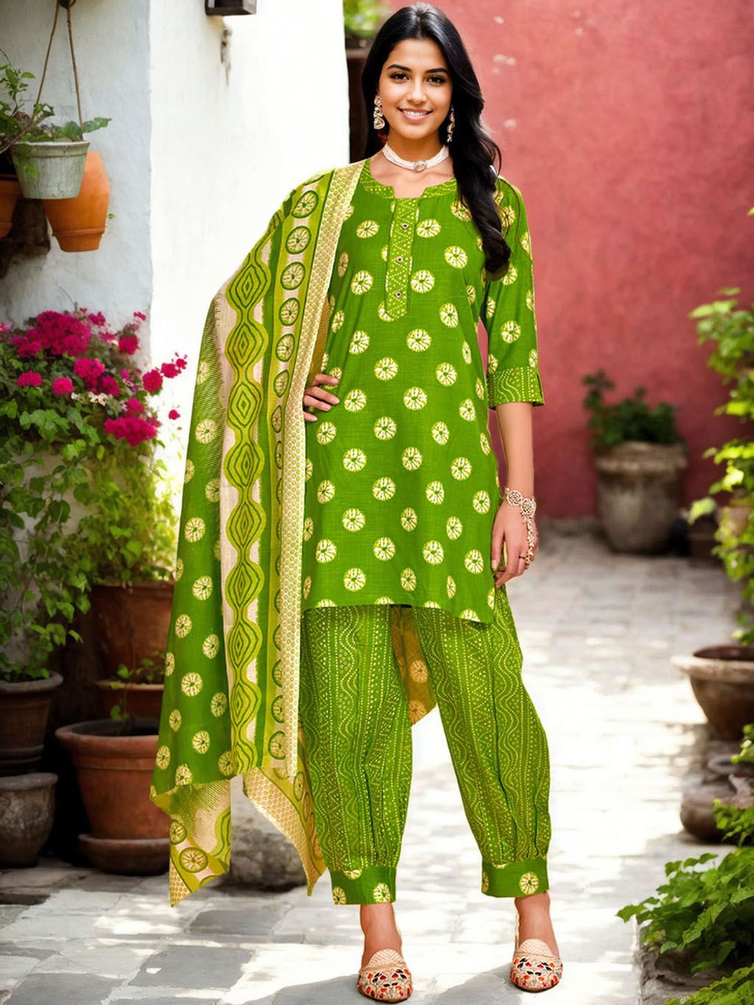 

Anouk Women Bandhani Printed Regular Pure Cotton Kurta with Harem Pants & With Dupatta, Green