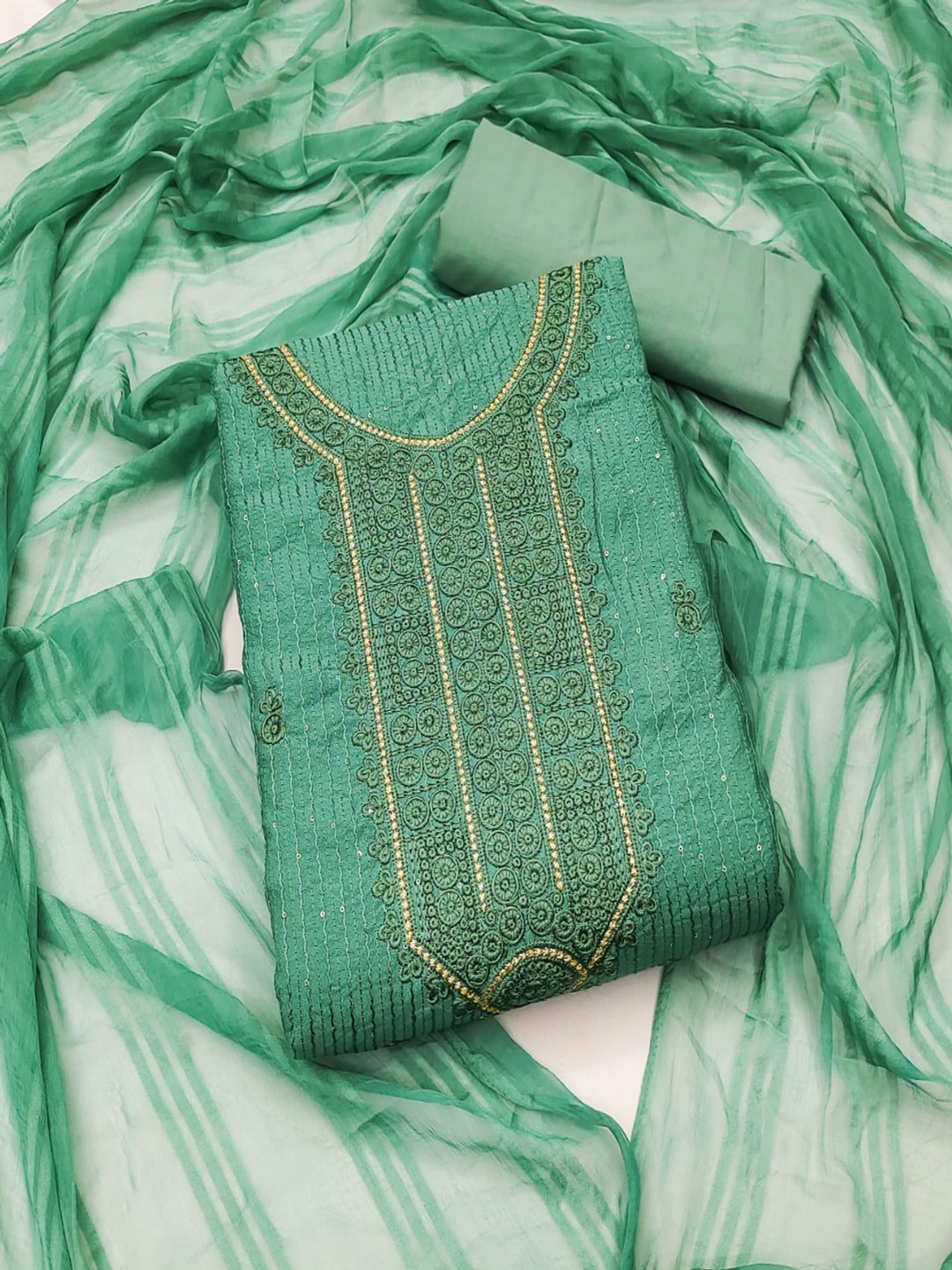 

Rangtulika Ethnics Ethnic Motifs Sequinned Embroidered Unstitched Dress Material, Green