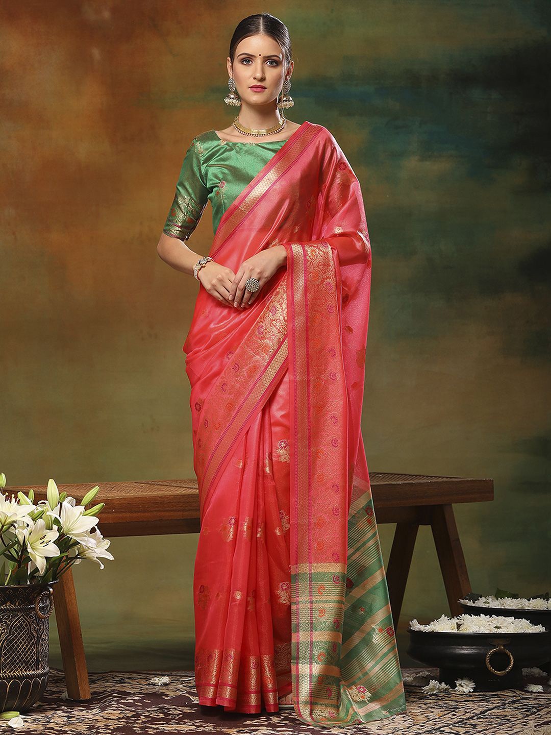 

Mitera Ethnic Motifs Zari Organza Banarasi Saree, Pink