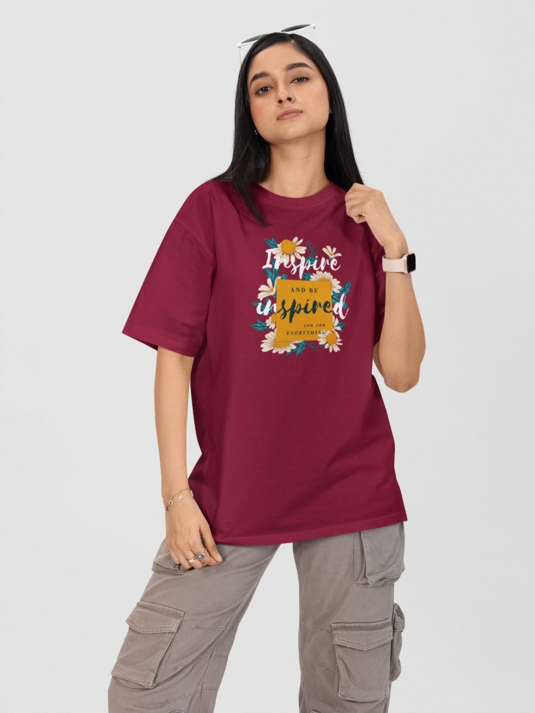 

Moda Rapido Women Oversized Printed Drop-Shoulder Sleeves T-Shirt, Maroon