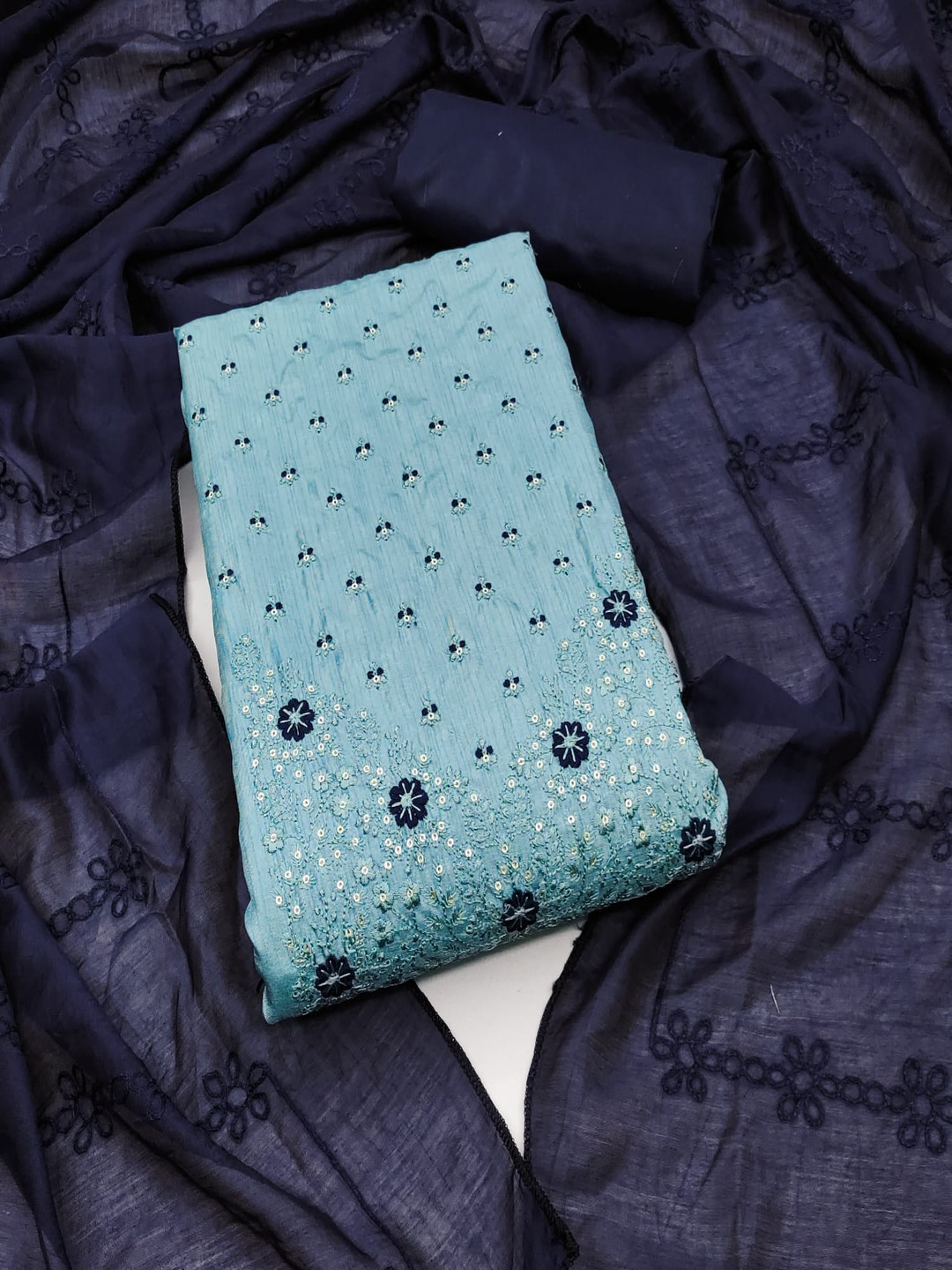 

Rangtulika Ethnics Floral Sequinned Embroidered Coco Silk Unstitched Dress Material, Blue