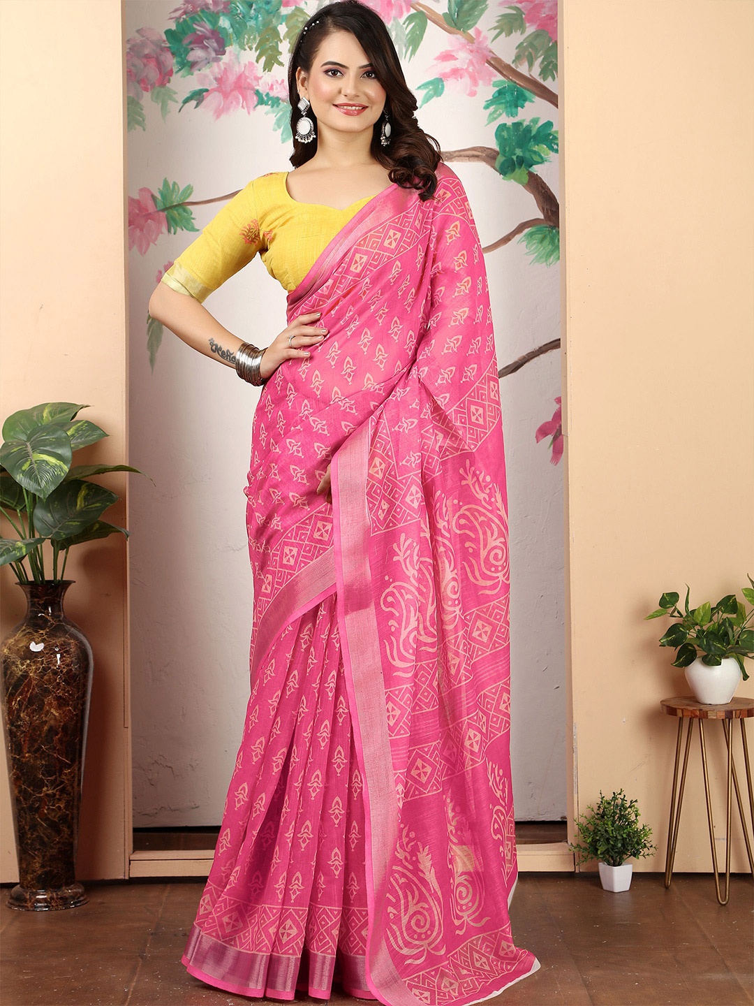 

Anouk Ethnic Motifs Zari Linen Blend Saree, Pink