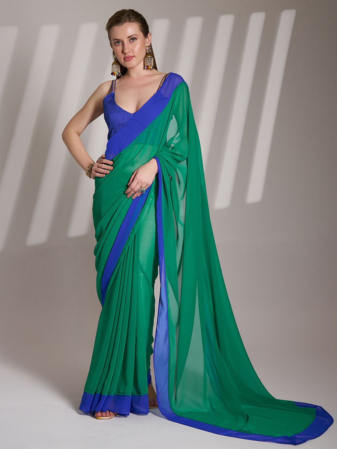 

Kalista Colourblocked Pure Georgette Ready to Wear Saree, Green
